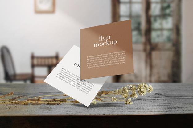 Clean Minimal Square Flyer Mockup Floating On Top Wooden With Dry Flower. Psd File. Psd