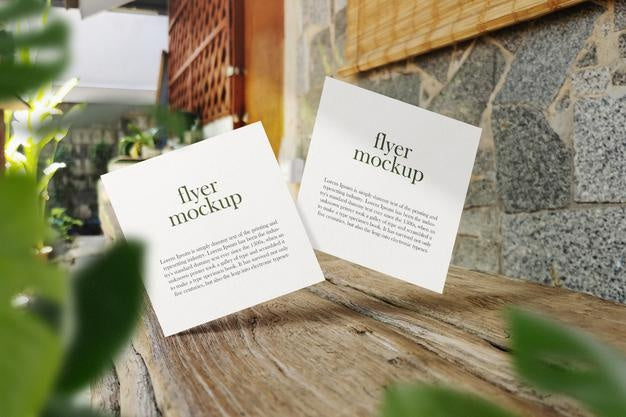 Clean Minimal Square Flyer Mockup Floating On Wood Bench With Leaves. Psd File. Psd