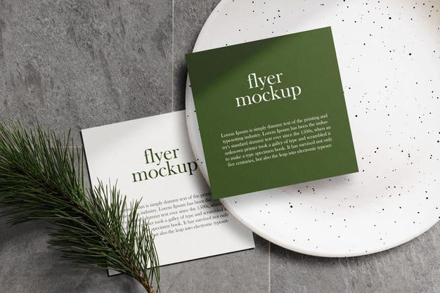 Clean Minimal Square Flyer Mockup On Stone Texture With Leaves. Psd File. Psd