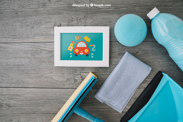 Cleaning Mockup On Wooden Surface Psd
