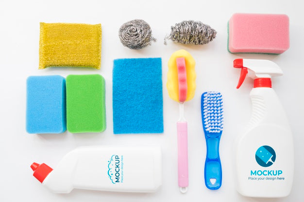 Cleaning Products Assortment Flat Lay Psd