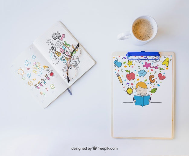 Clipboard And Notebook With Colorful Drawings Psd