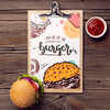 Clipboard Menu Burger And Food On Wooden Background Psd