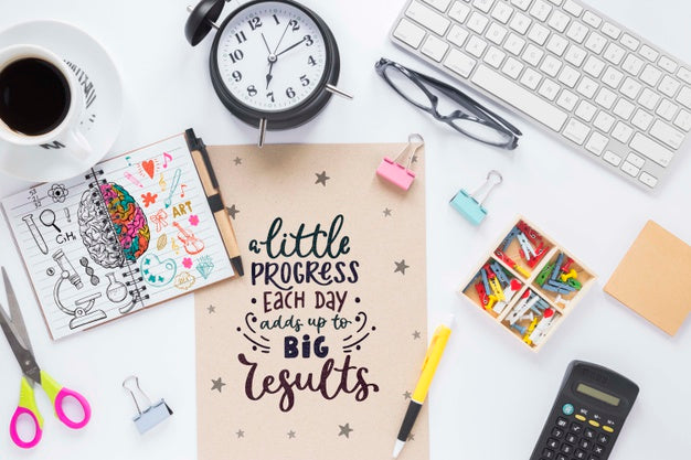 Clock Coffee Keyboard And Motivational Business Message Psd