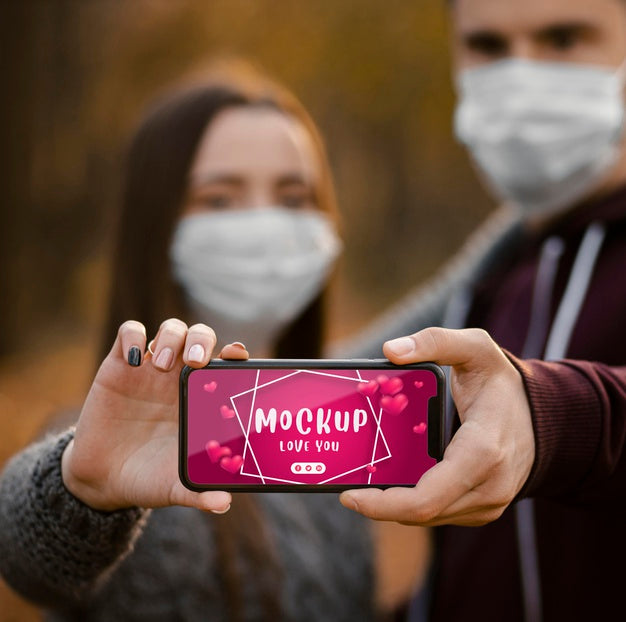 Close-Up Couple Wearing Mask Psd