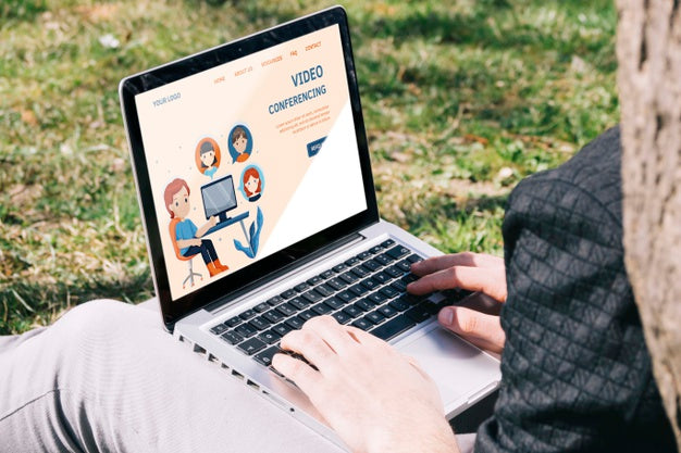 Close-Up Man With Laptop Outdoors Psd
