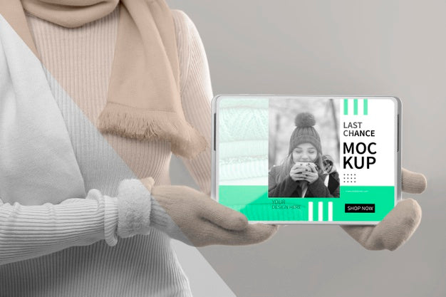 Close Up Model Holding Tablet Mockup Psd