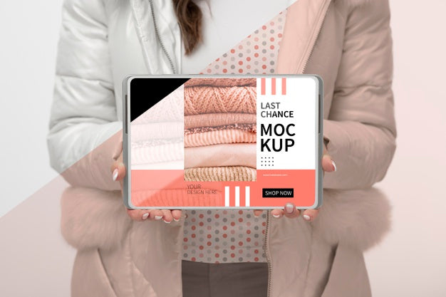Close Up Model Holding Tablet Psd