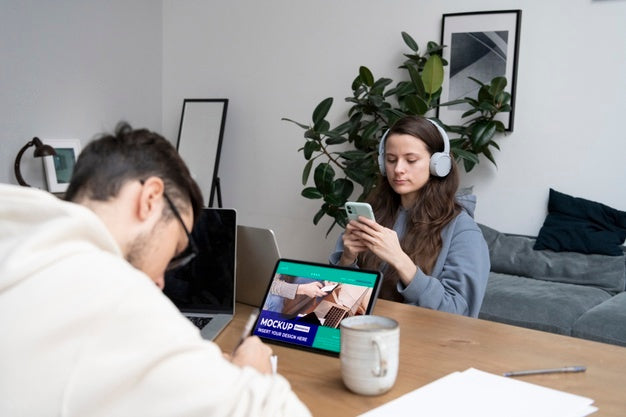 Close Up People Working From Home Psd