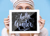 Close-Up Tablet With Hello Winter Mock-Up Psd