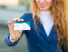 Close Up Woman Holding Business Card Psd