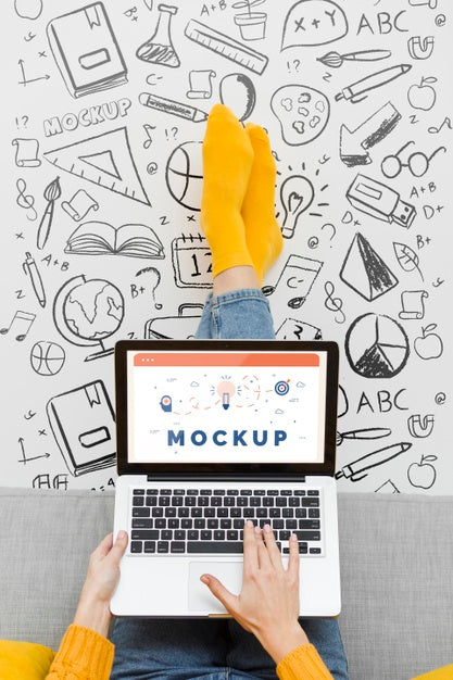 Close-Up Woman Working On Laptop Psd