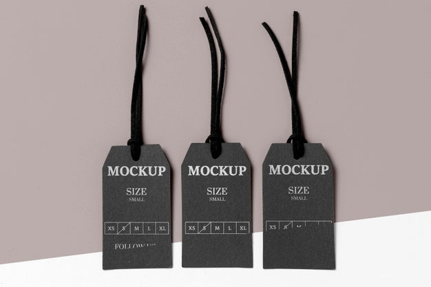 Clothing Black Size Tag Mock-Up Top View Psd