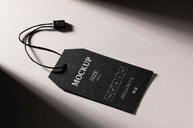 Clothing Black Size Tag Mock-Up With Shadows High View Psd