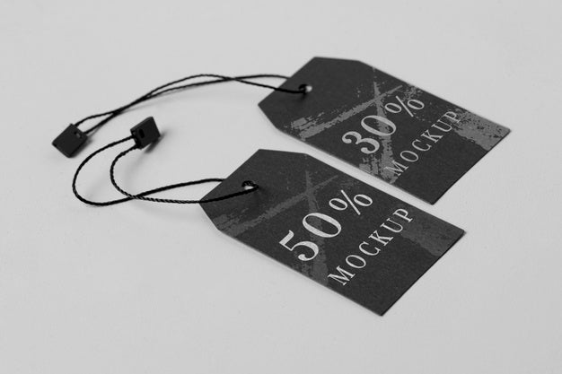 Clothing Modern Black Tag Mock-Up High View Psd