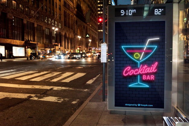 Cocktail Bar Mock-Up In Neon Psd