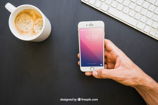 Coffe Mug, Keyboard And Hand Holding Phone Psd