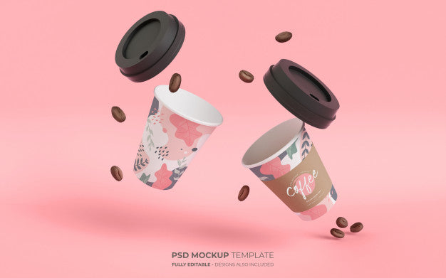 Coffee Cups In Gravity Mockup Psd