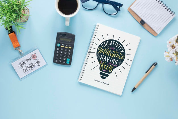 Coffee Grasses And Notebook Mock-Up On Blue Background Psd