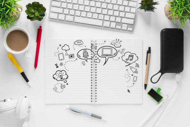 Coffee Little Plants And Keyboard With Notebook Mock-Up Psd