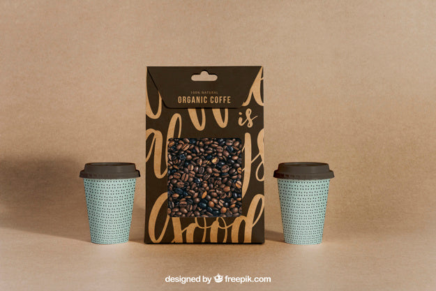 Coffee Mockup With Two Cups And Bag Psd