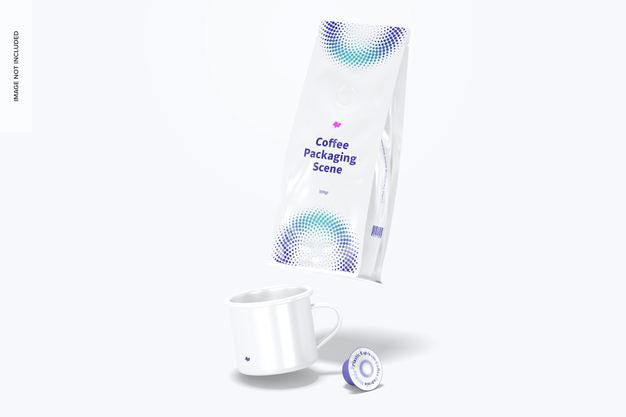 Coffee Packaging Scene Mockup, Falling Psd