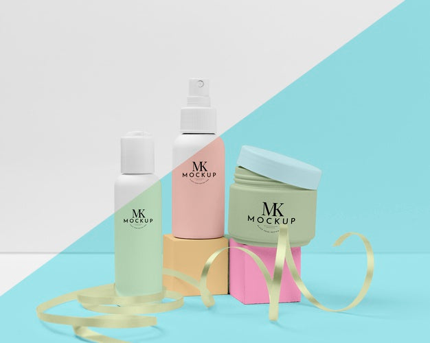 Collection Of Mock-Up Beauty Products With Ribbon Psd