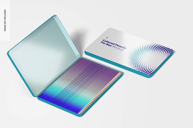 Colored Pencils Tin Boxes Mockup, Perspective View Psd