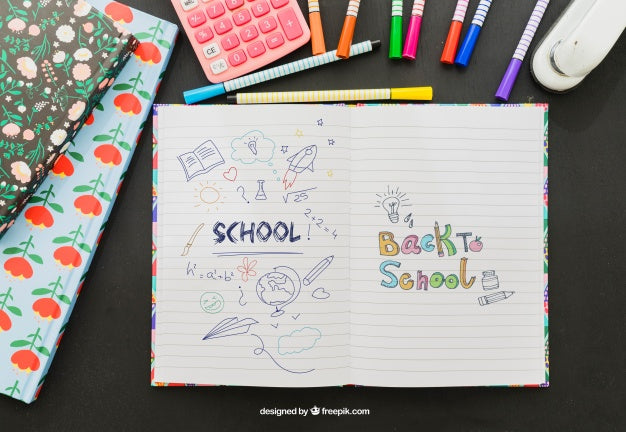 Colorful Drawing On The Notebook With School Material Psd