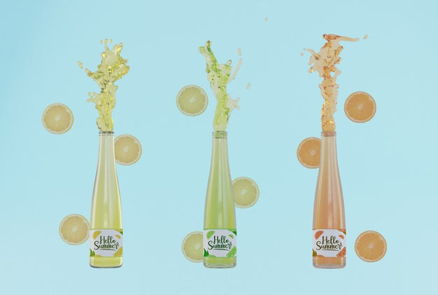 Colourful Fruit Soda Bottles With Blue Background Psd