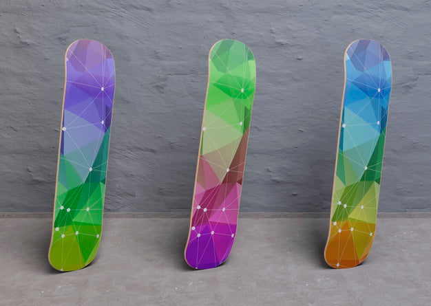 Colourful Mock-Up Skateboards Standing Psd