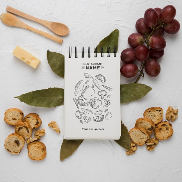 Composition Of Delicious Foods With Notepad Mock-Up Psd