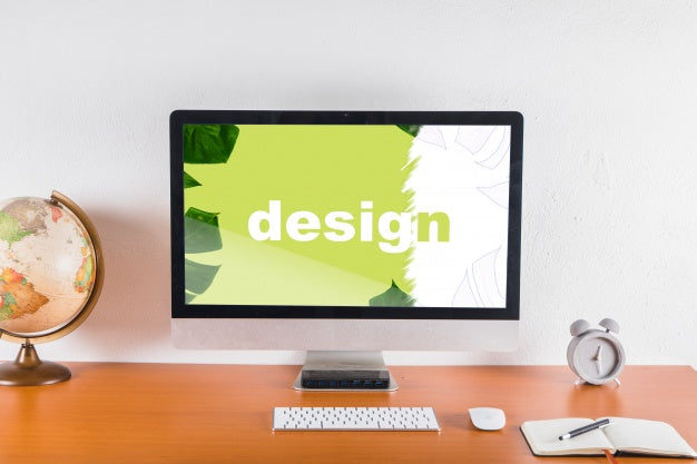 Computer Mockup On Desk With Elements Psd