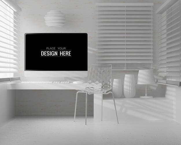 Computer On Table In Work Space Mockup Psd