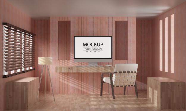 Computer On Table In Work Space Mockup Psd