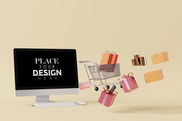 Computer On Table In Work Space Mockup Psd