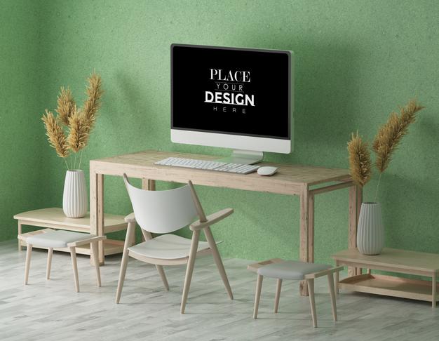 Computer On Table In Work Space Mockup Psd