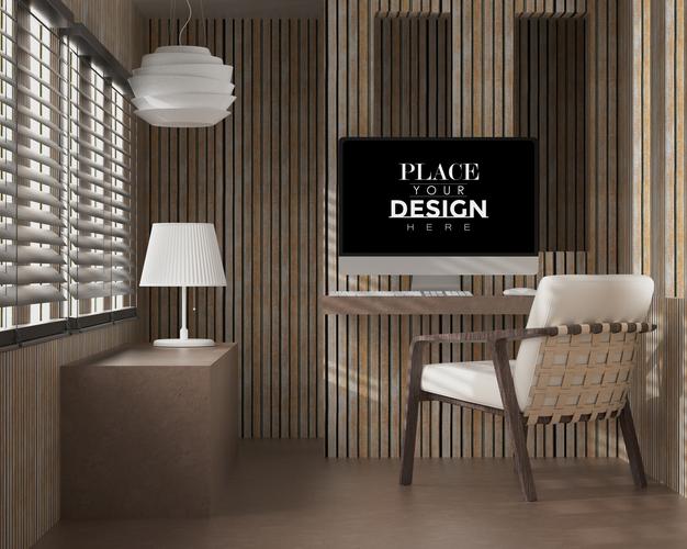 Computer On Table In Work Space Mockup Psd