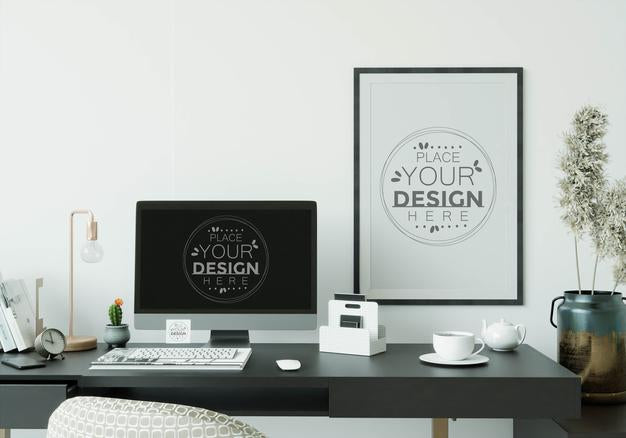 Computer On Table In Work Space Mockup Psd