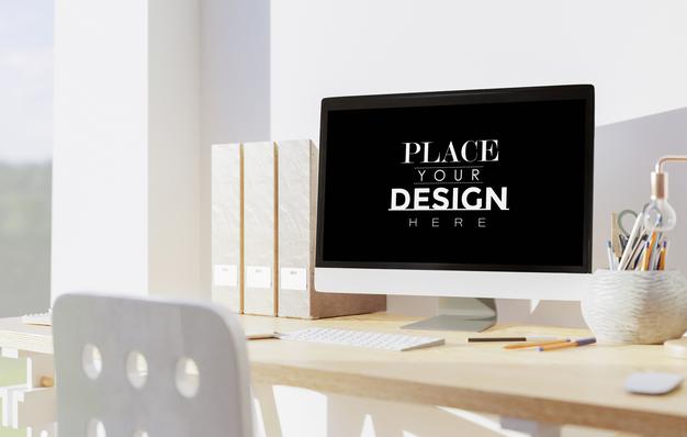Computer On Table In Work Space Mockup Psd