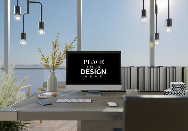 Computer On Table In Work Space Mockup Psd