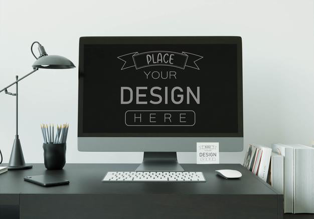 Computer On Table In Work Space Mockup Psd