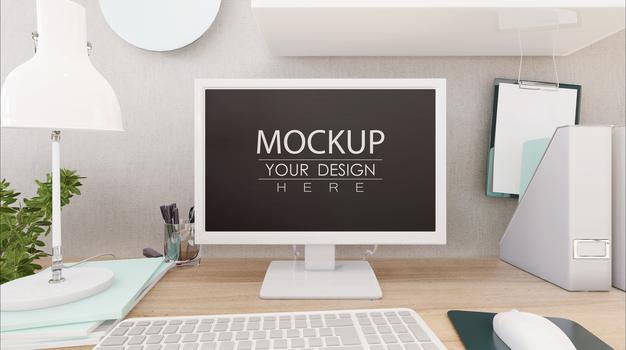 Computer On Table In Work Space Mockup Psd