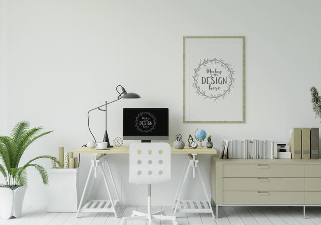 Computer On Table In Work Space Mockup Psd