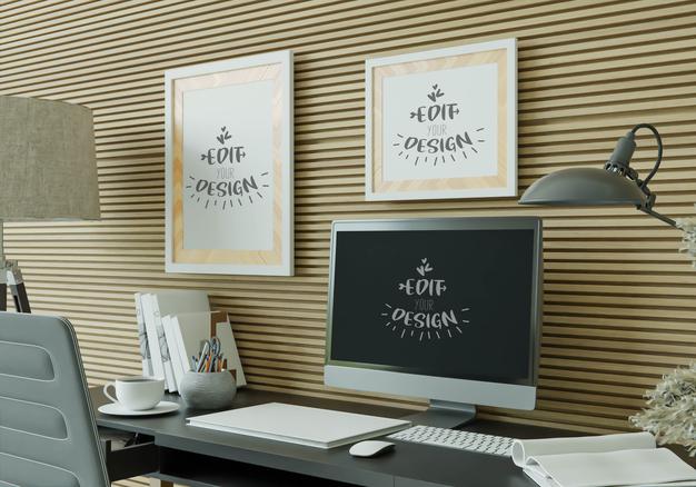 Computer On Table In Work Space Mockup Psd