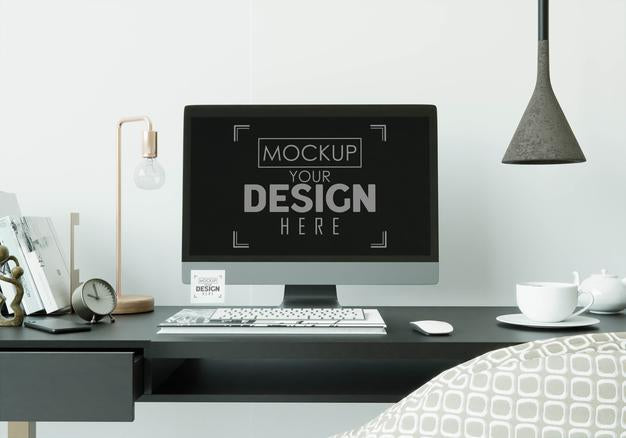 Computer On Table In Work Space Mockup Psd