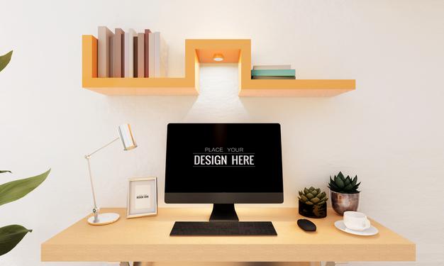 Computer On Table In Work Space Mockup Psd