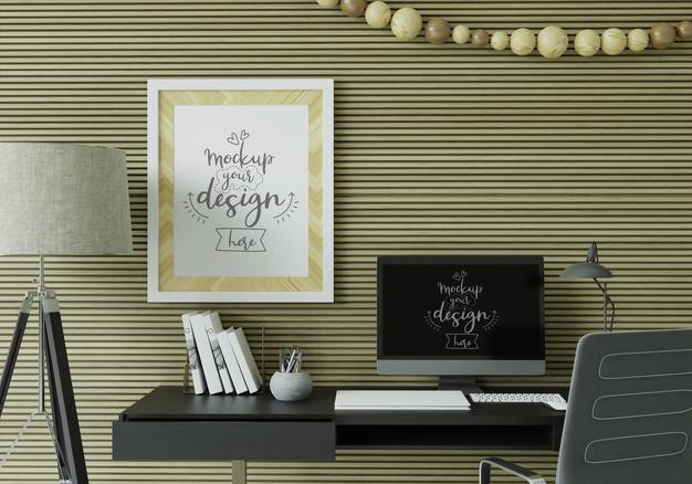 Computer On Table In Work Space Mockup Psd