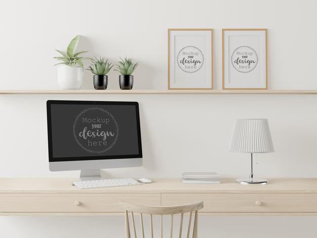 Computer On Table In Work Space Mockup Psd