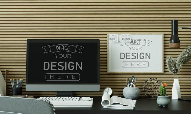 Computer On Table In Work Space Mockup Psd